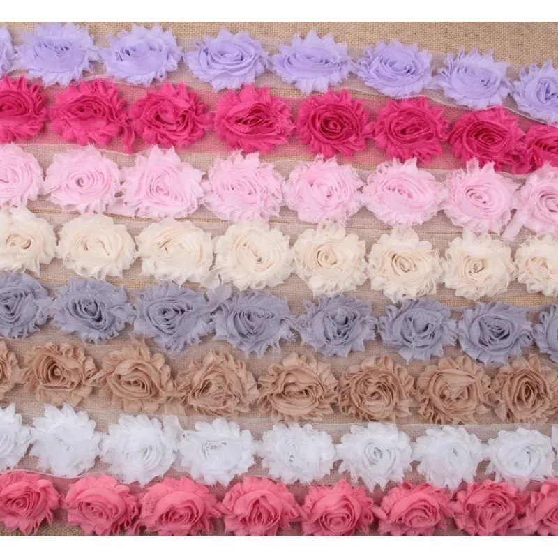 1Yard Cute Shabby Chiffon Chic Flowers Trim Frayed Hair Flower for DIY Baby Girls Headbands Clips Headwear Hair Accessories