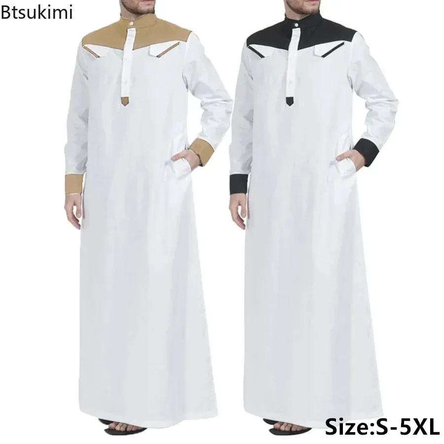 Thobe musulmán con cuello mandarín para hombre, ropa musulmana cómoda de manga larga con contraste de Color, Abaya Herren de Arabia Saudita, 2024