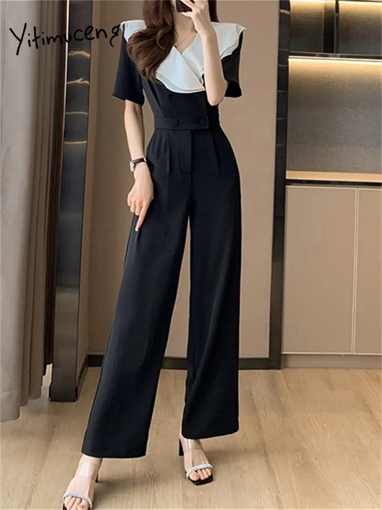 

BabYoung Suits Jumpsuit For Women Summer Korean Fashion Wide Leg Rompers Office Ladeis High Waisted Casual Black Jumpsuits