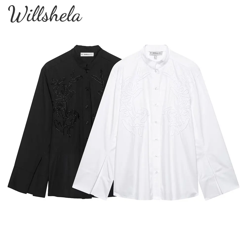 

Willshela Women Fashion Solid Floral Embroidery Shirt Stand Collar Long Sleeves Female Chic Lady Casual Tops Blouse