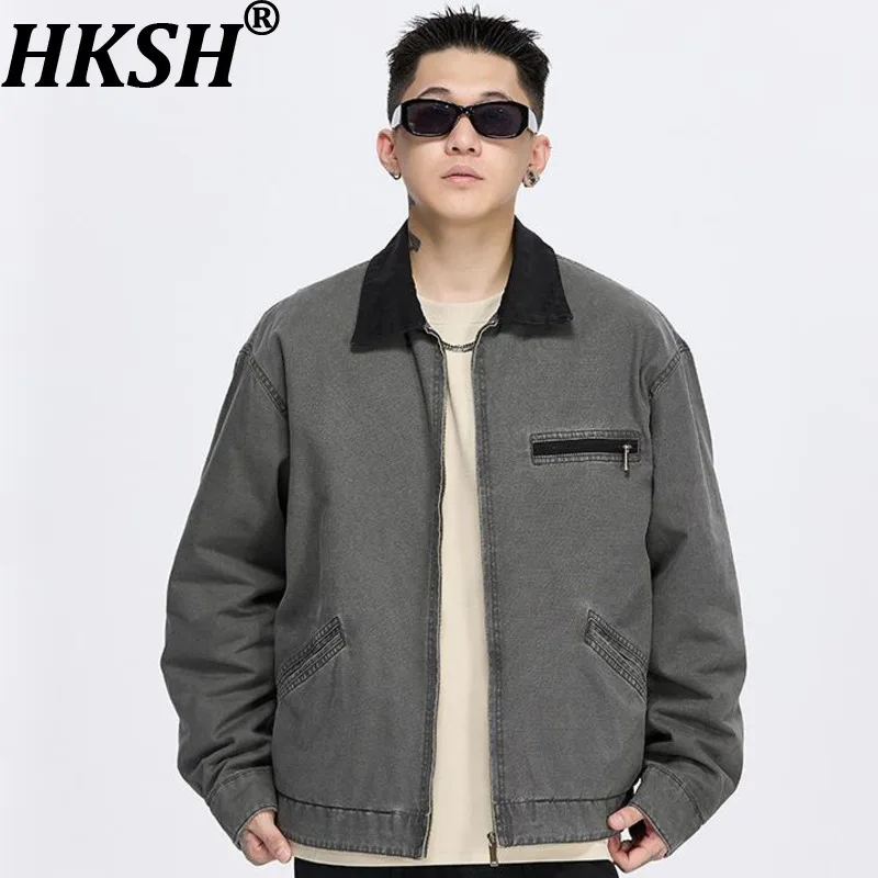 

HKSH Spring Autumn New Man High Street Turn-down Collar Zipper Washed Jacket Safari Style Vintage Niche Chic Casual Coat HK12443