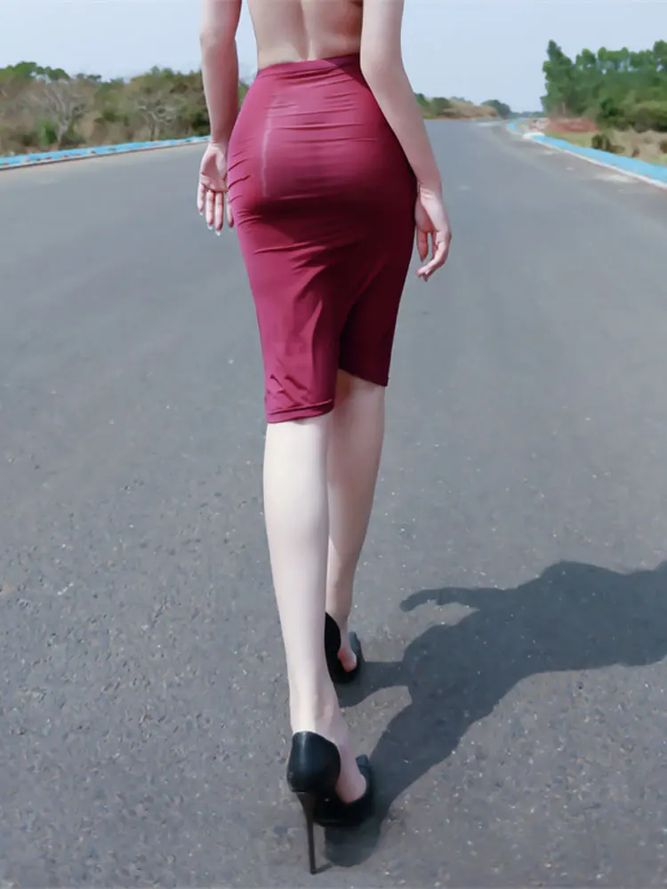 Double Wear Elastic Penicl Dresses Sexy Skirts Package Hip Sheer Transparent Women's Ice Skirts Tight Mid Long Dress Woman Cloth