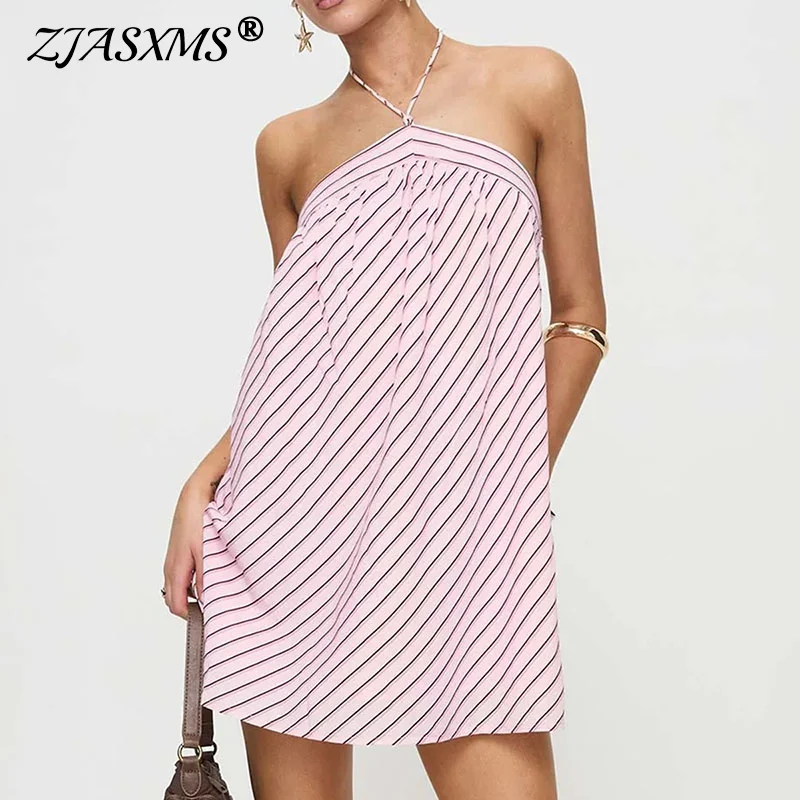 New Sexy Backless Lace Up Party Dresses Woman Chic Stripe Print Halter Mini Dress Summer Casual Sleeveless Hollow Out Boho Dress