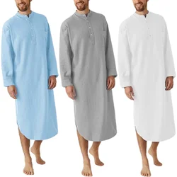 Causal Men's Sleep Robe Solid Color Long Sleeve Nightgown O Neck Button Up Leisure Men Bathrobe Homewear Long Shirt Kaftan Thobe