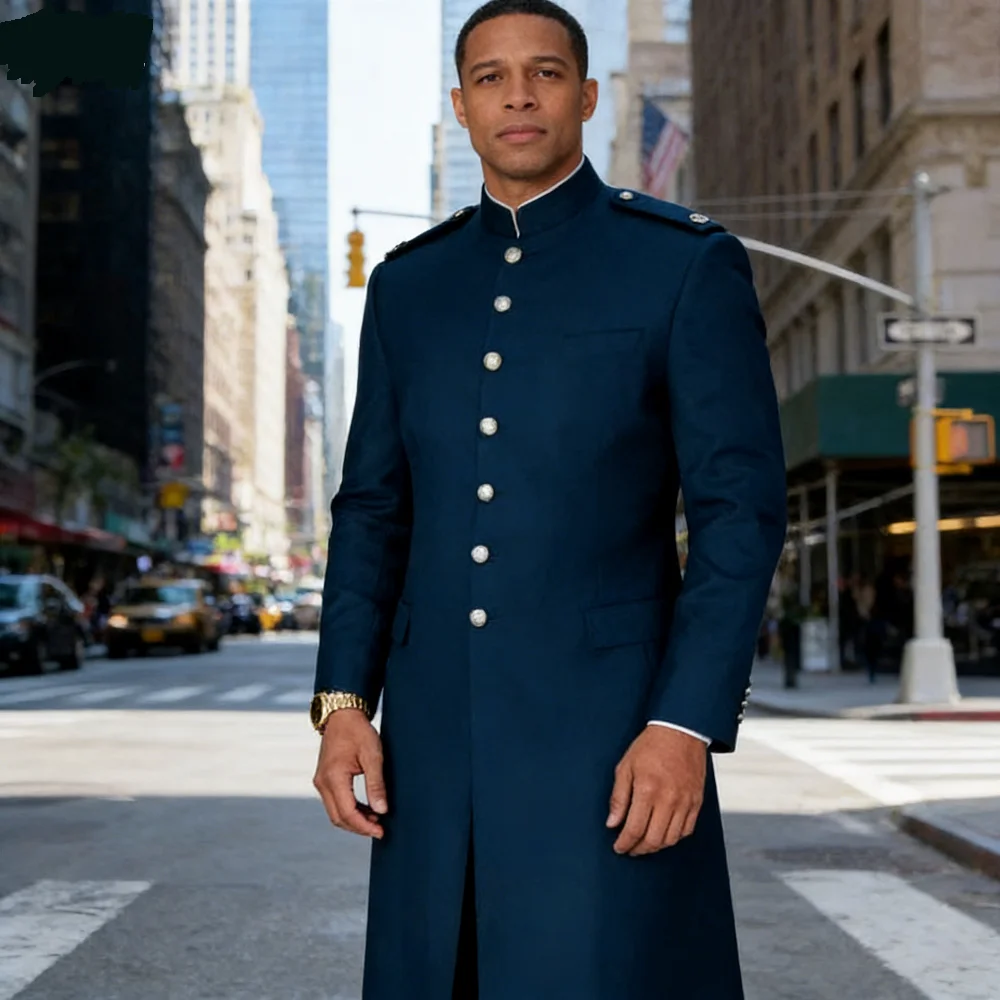 

Синий формальный свадебный костюм жениха с уникальным воротником, однобортный длинный пиджак и брюки, облегающая мужская одежда для церемонии