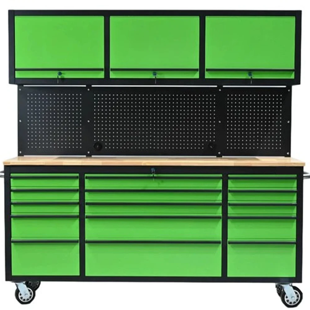 

Green Heavy Duty Mobile Workbench With 15 Drawers And 3 Doors Hanging Feature For Tool Storage Cabinets