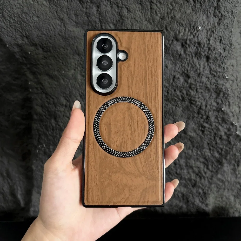 Luxury Wood Grain Texture Leather for Magsafe Phone Case for Samsung Galaxy Z Fold7 Z Fold6 Z Fold5 ZFold4 3 Shockproof PC Cover
