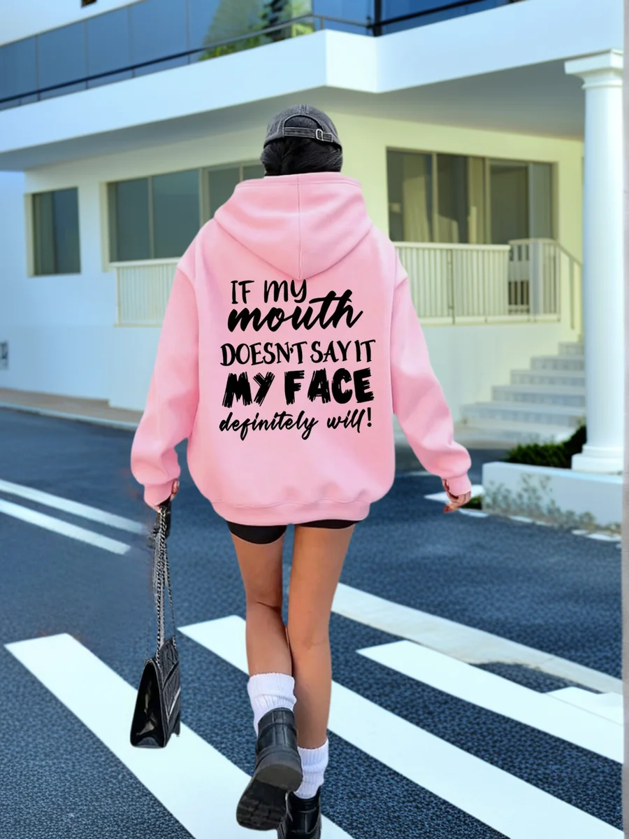 

Women's Oversized Pink Hooded Sweatshirt with Bold Graphic Print, Soft Thermal Lined for Autumn Winter