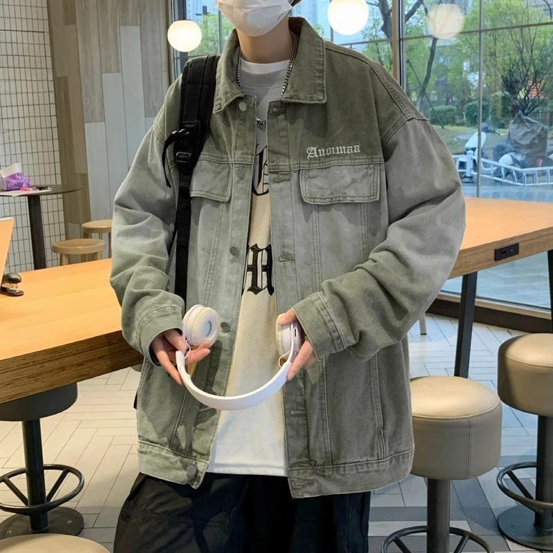 

Корейская оригинальная осенняя мужская джинсовая куртка на пуговицах, популярная корейская одежда, рок-дизайнер ткани, фирменные свободные мужские джинсовые пальто Y2k