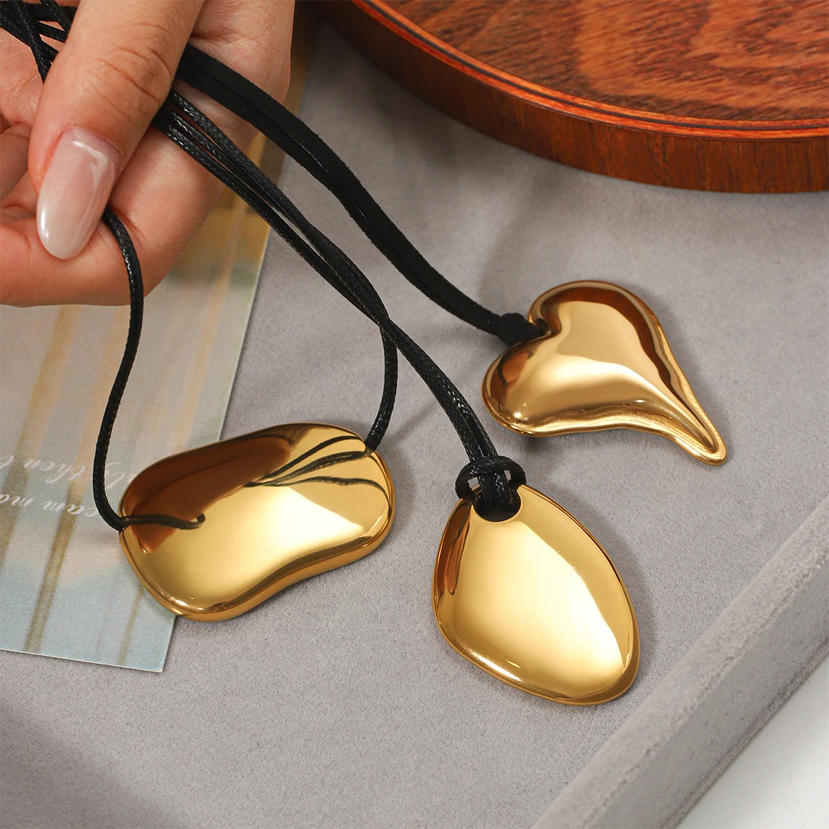 

Boho Black Cord Pendant Necklace Women 18K Gold Plated Heart Teardrop Design Hypoallergenic 316L Steel Daily Vacation Jewelry