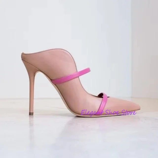 Sexy Double Straps Slippers for Women Satin Pointed Toe Mules High Heels Summer New Elegant Stilettos Party Banquet Dress Shoes