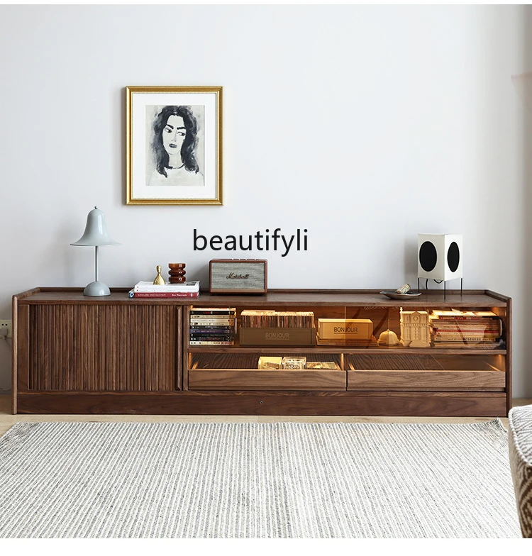 Solid Wood Floor TV Cabinet Living Room Audiovisual Cabinet Nordic Black Walnut Retro  Low Cabinet furniture