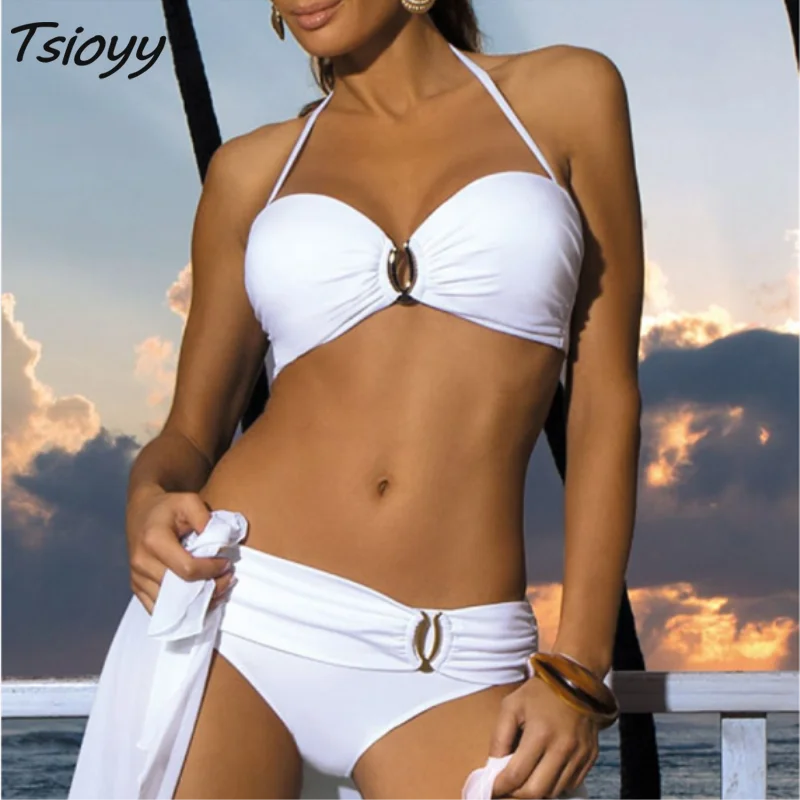 Push Up U-Shaped Decoration Bikini Sets Women Sexy Thong Two Pieces Solid Swimsuits 2021 New Girl Beach Bathing Suits Swimwear