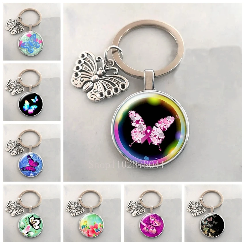 Popular Jewelry Dome Glass Metal Keychain Exquisite Creative Butterfly Pattern Fashion Gifts