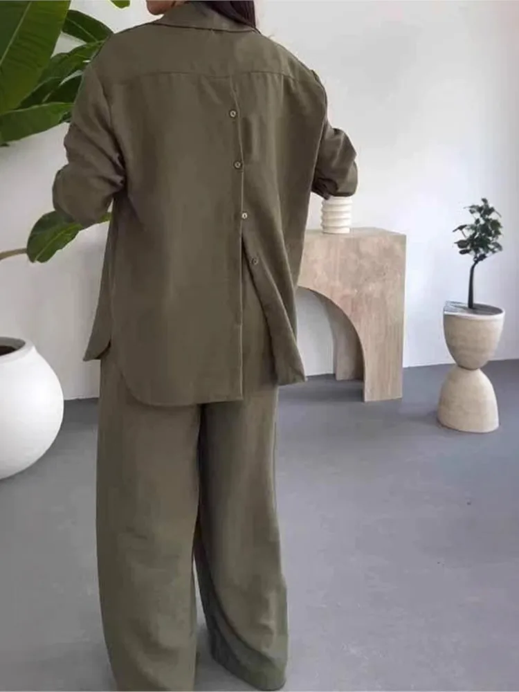 Casual Y2k Woman's Spring PantsTwo-piece Sets Fashion Single-row Buckle Flip Collar Shirt Loose Pants Suit Ladies Autumn Outfit