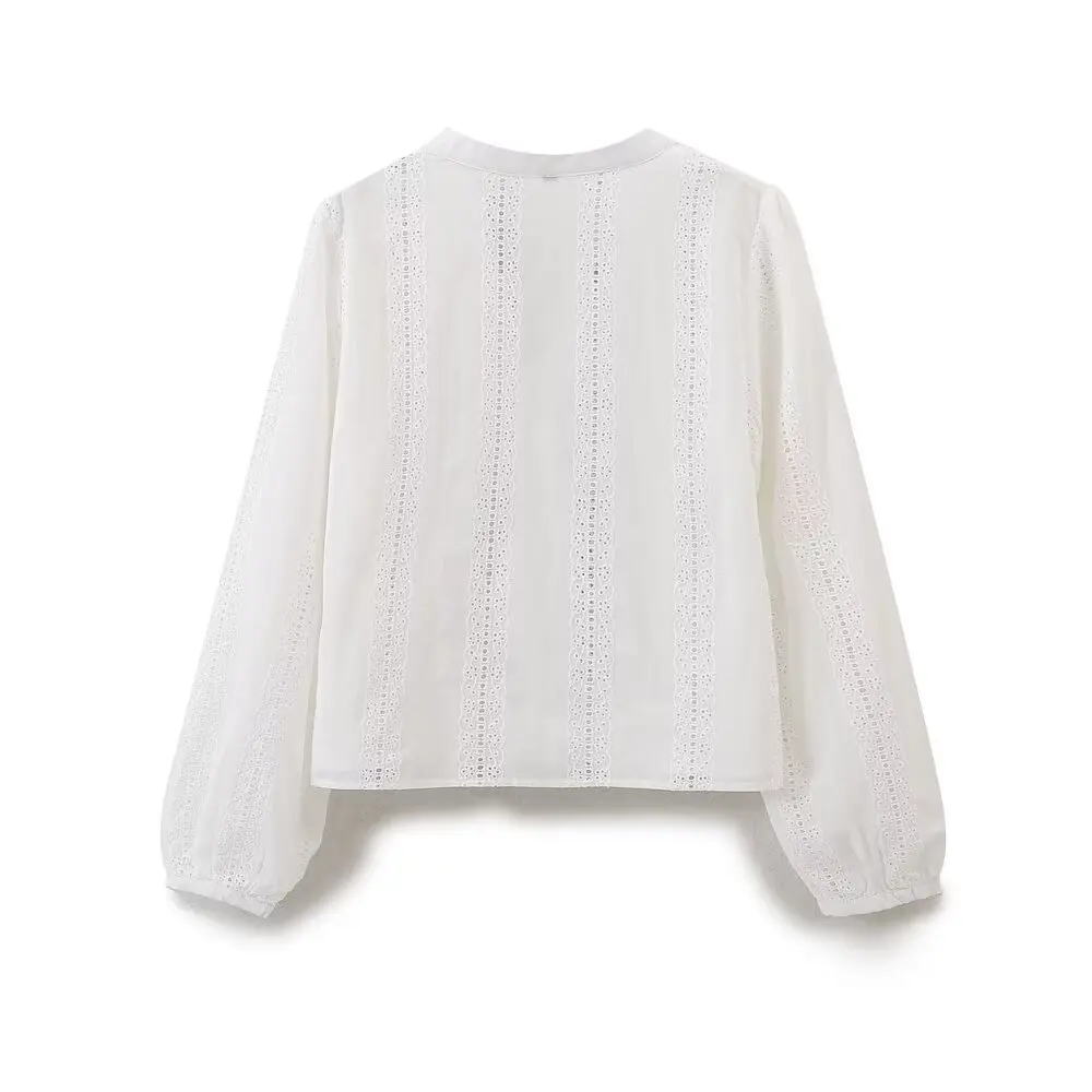 Tangada Women White Embroidery Cotton Shirt Puff Long Sleeve 2024 Female Crop Blouse Tops 6H095