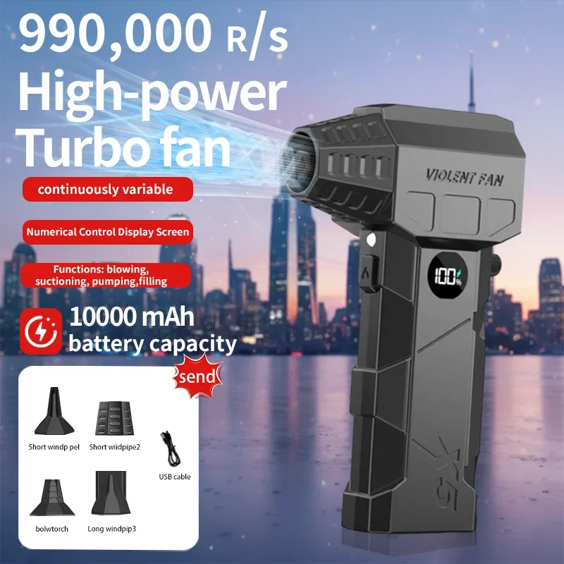 

X5 Turbo Fan 10000mAh Portable Handheld Fan 580000RPM Car Cleaning Tool Mini Air Blower with Vacuum Kit Turbo Jet Fan Hair Dryer