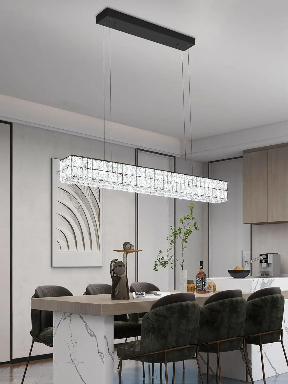 Modern 40Inch Black Rectangle Chandeliers For Dining Room, Dimmable Led Crystal Pendant Lighting Kitchen Island, Linear