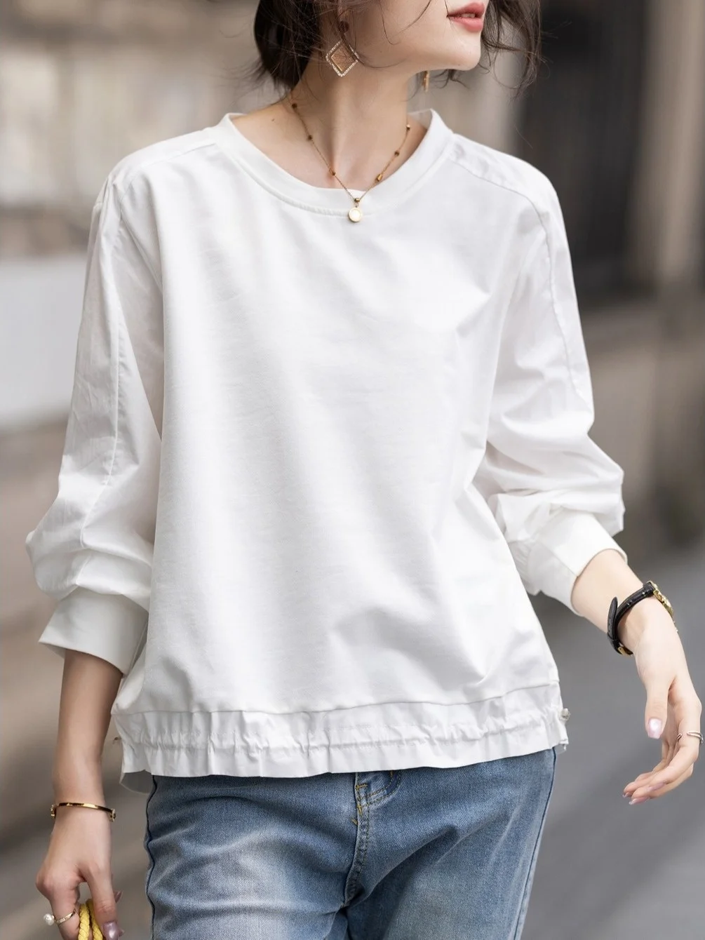 Coreano Sle oulder Lunghezza Sve round Ne Long irt Donna Faion Primavera Autunno Piccolo Design Sense Camicetta Top