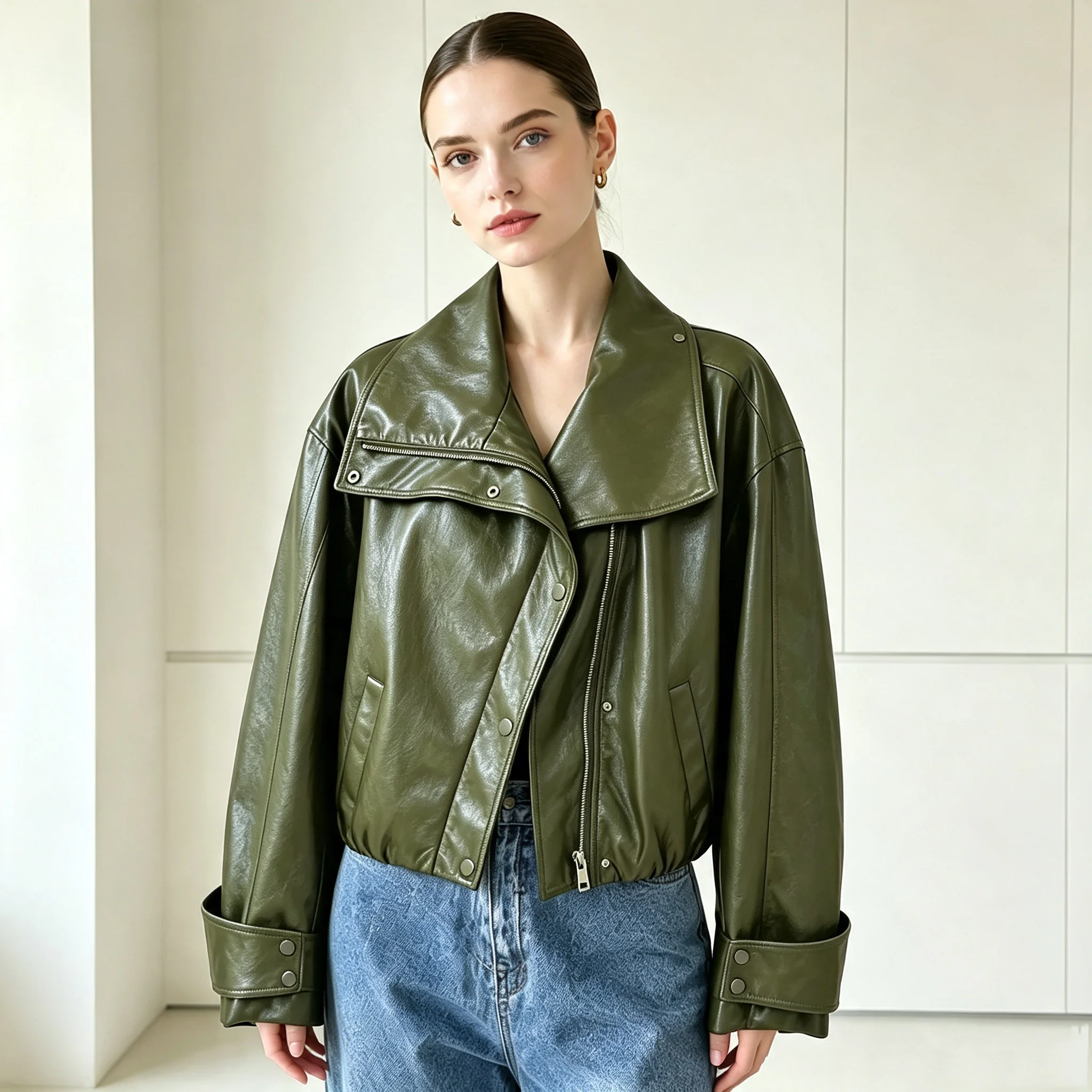 PUAL Women Vintage Faux Leather Jacket, Big Lapel Cropped Moto Coat, Loose Zipper Biker Outerwear