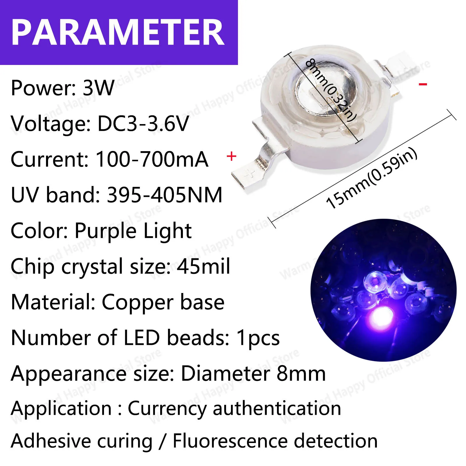 ชิป LED 3W 10 ชิ้น DC3-3.6V สำหรับตรวจจับการฆ่าเชื้อ แสงสีม่วง 395-405 นาโนเมตร ขนาด 45 มิล พร้อมฐานทองแดง อุปกรณ์เสริมหลอดไฟไดโอด