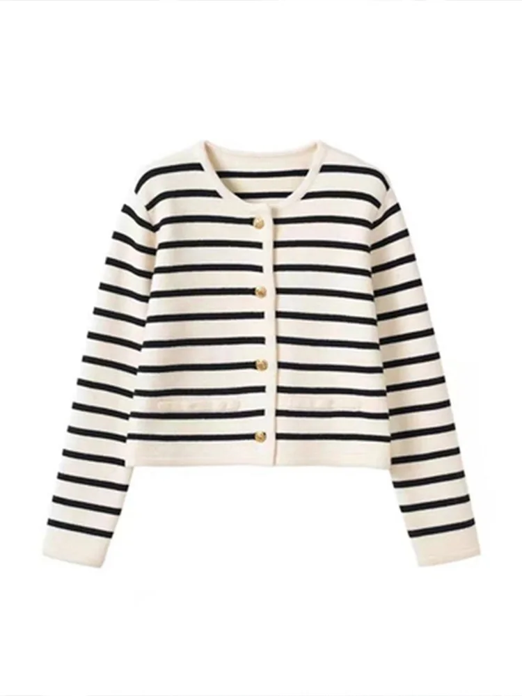 Cardigans White Black Striped Short Cardigan Women Fashion Sweater Elegant Long Sleeve Top 2023 Spring Cardigan кардиган женский