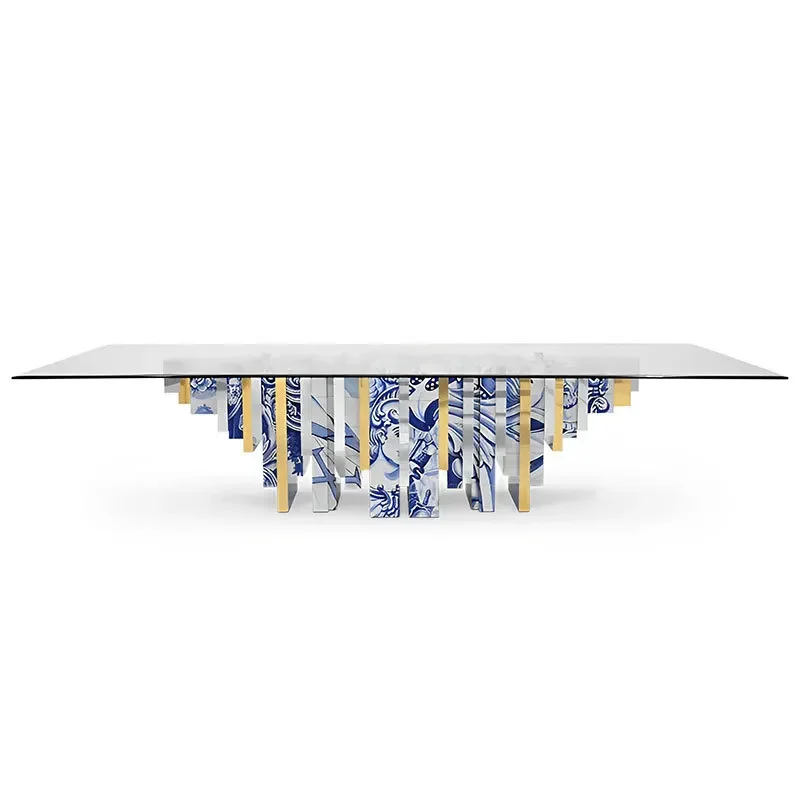 Artistic high-value dining table Modern simple painted furniture Villa mansion rectangular glass dining table