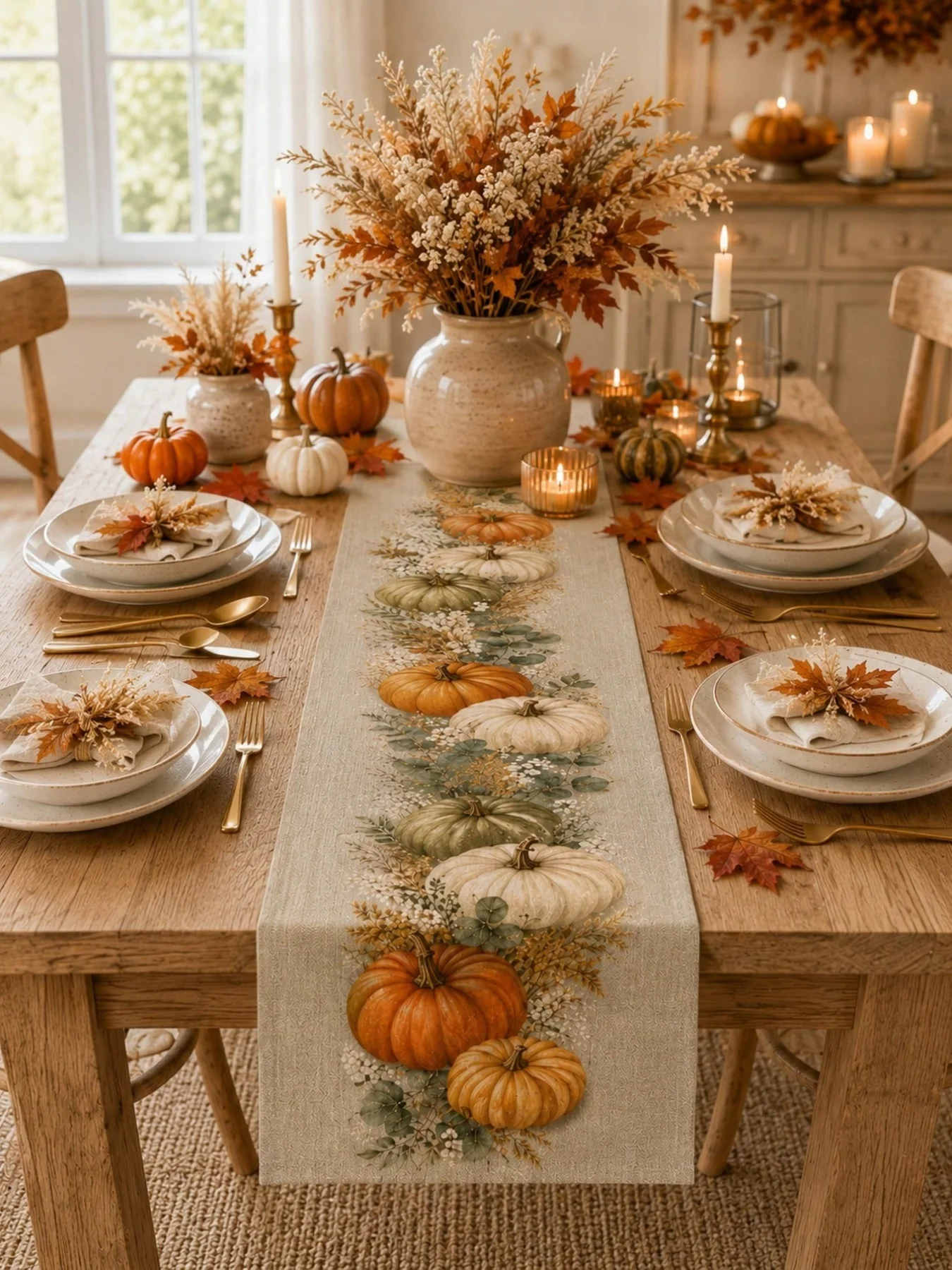 1pc-Autumn Linen Table Runner,Sage Green Pumpkin Table Decor, Neutral Fall Farmhouse Table Runner For Dining Table