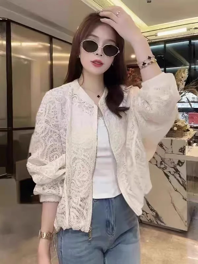 

Женская кружевная ажурная бейсбольная куртка с защитой от солнца, весна 2025, новая, свободного кроя, маленький размер, премиум-класс