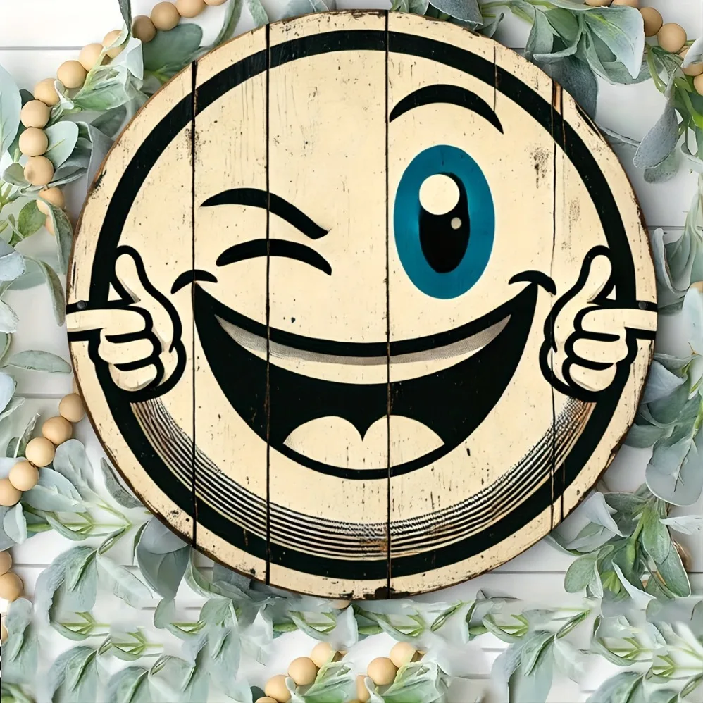 Lustiges, kreisförmiges Metall-Blechschild „Happy Face“. |   Perfekt für Heimdekoration, Garten, Terrasse und Bar |   Ideales Geschenk für Freunde und Familie