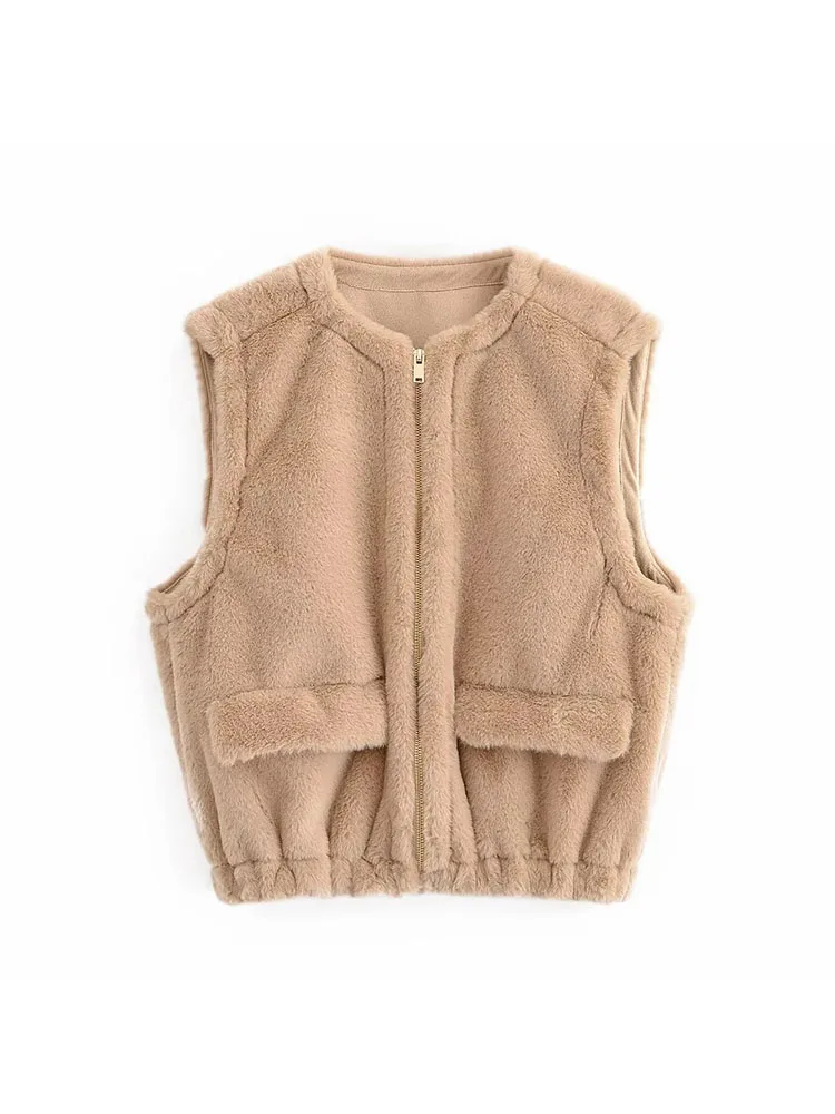 

Women Autumn Winter New Lady Fur Lntegrated Sleeveless Outerwear Female Round Neck Vest Coat Women Solid Color Waistcoat Jacket
