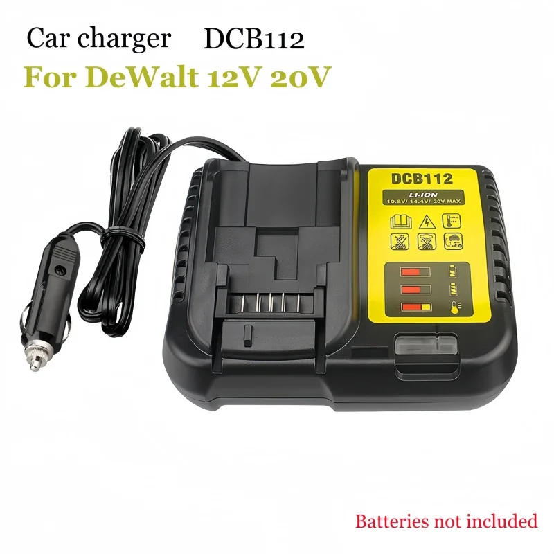 DCB112 Car Charger for DeWalt 12V/20V Li-ion Batteries with Cigarette Lighter Plug and LED Indicator
