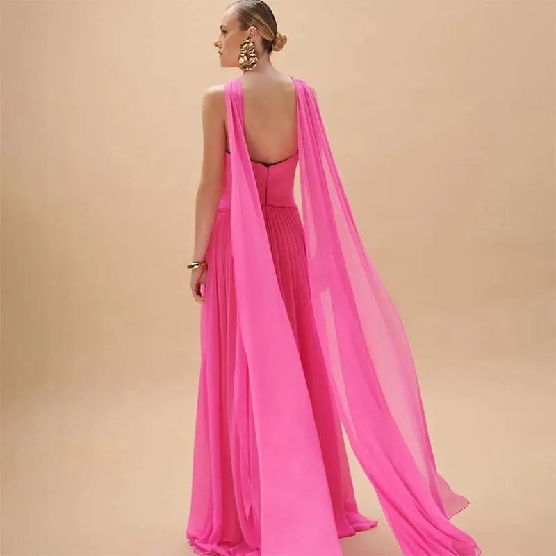 

Elegant Long Hot Pink Chiffon Prom Dresses A-Line Halter Floor Length Formal Evening Dresses Vestido de baile for Women