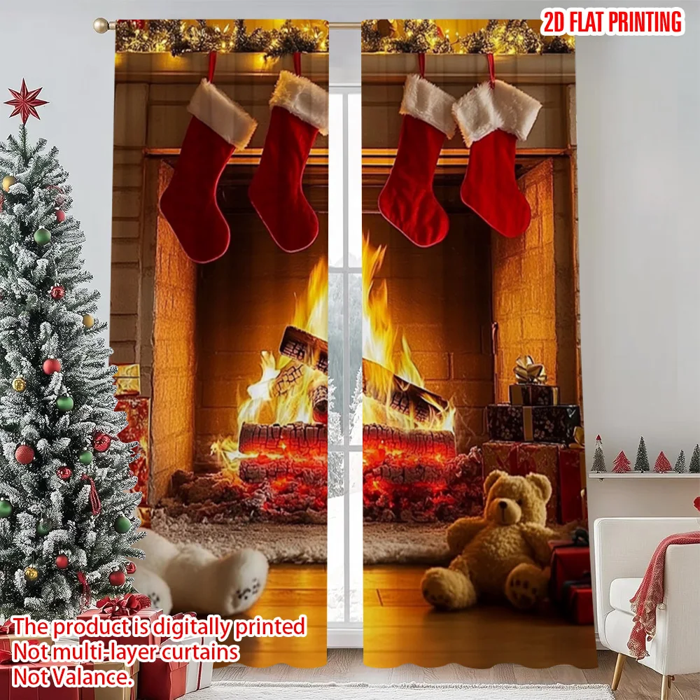 

2pcs 2D flat printing Merry Christmas Popular Curtain Merry Christmas Wall Versatile 100% Polyester Without Electricity Family