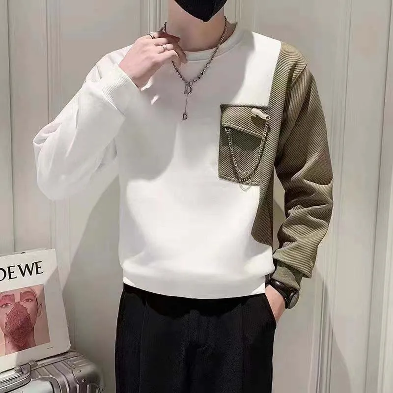 Sweatshirt Men's Autumn/Winter 2023 Ins Contrast Patchwork Bag Chain Trendy Man Ruffian Handsome Bottomed Long-sleeved Men's Top