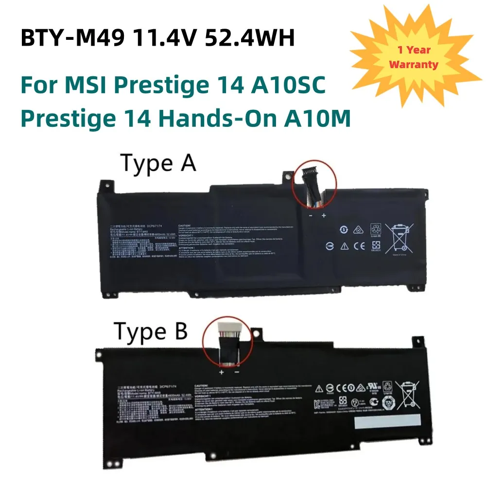 11.4V 52.4WH BTY-M49 Laptop Battery For MSI Prestige 14 A10SC-057RU A10SC-009 A10RB-015CN i7-10710U A10RAS A10M MS-14C1 MS-14D1