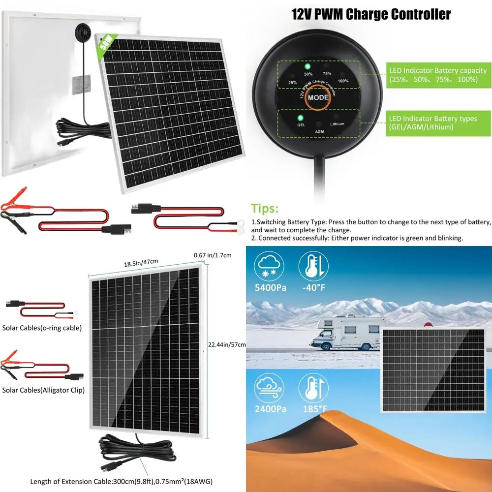 

50W 18V Solar Panel with Integrated 12V PWM Controller and SAE Cable for RV, Marine, and Home Use