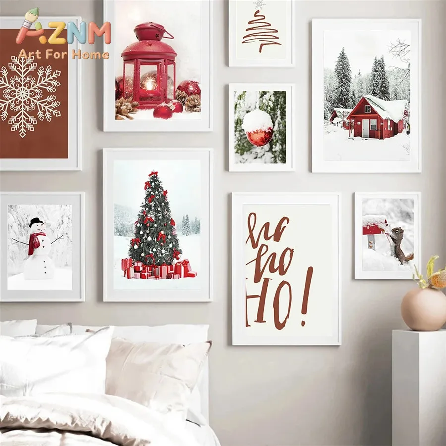 AZNM Winter Christmas Squirrel Snowman X‑mas Tree Canvas Wall Art, Minimalist Snow Scene Frameless Canvas Print Poster for Livin