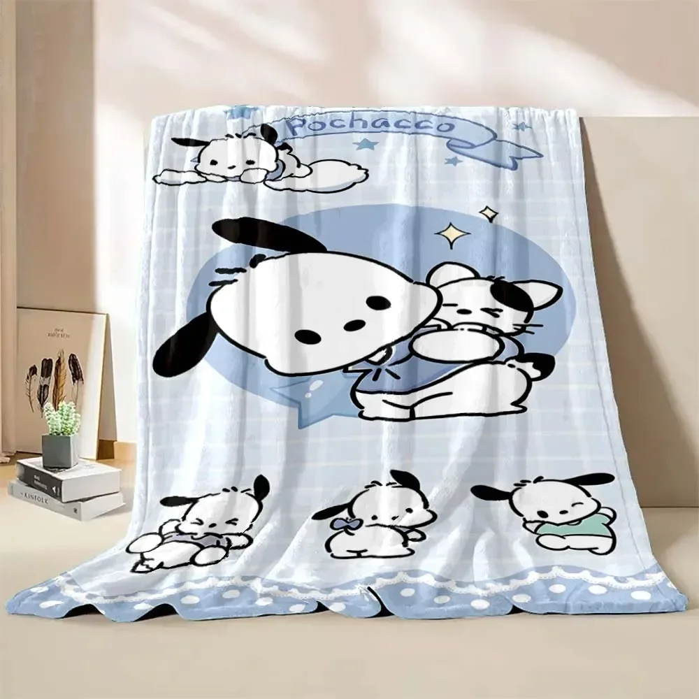 Manta japonesa de Pochacco Sanrio, manta mullida de franela para acampar para niños, manta para lanzar sofá, regalo moderno de moda Miniso