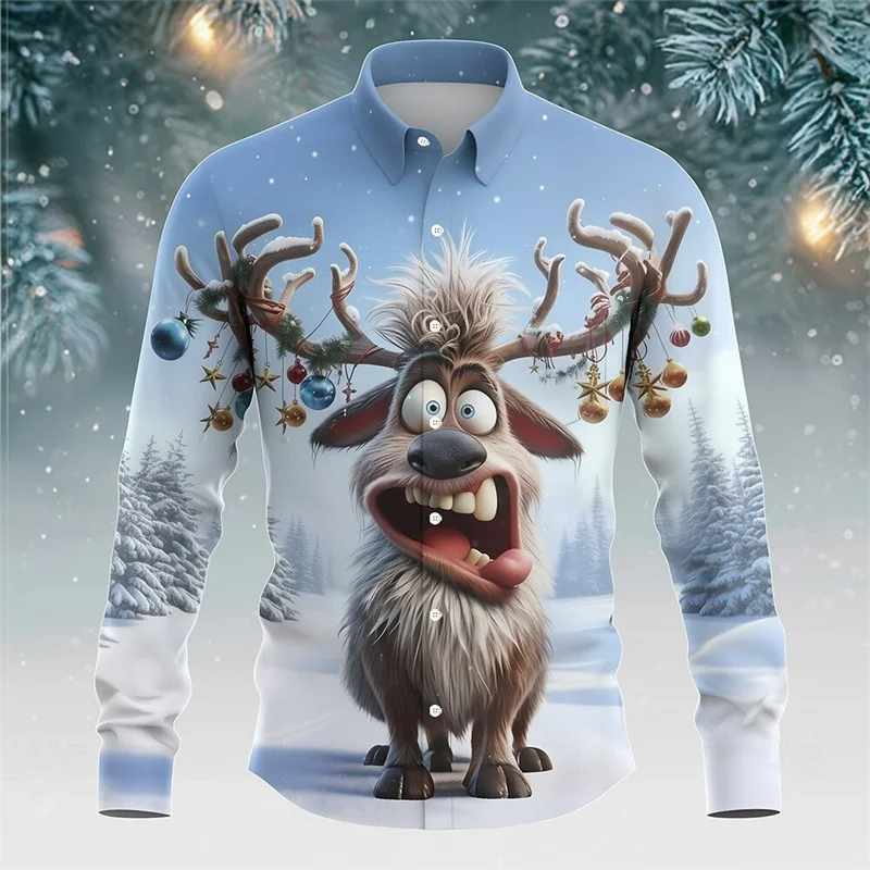 Festive Xmas Santa Reindeer Pattern Print Men Long Sleeve Button Down Shirt Holiday Party Top For