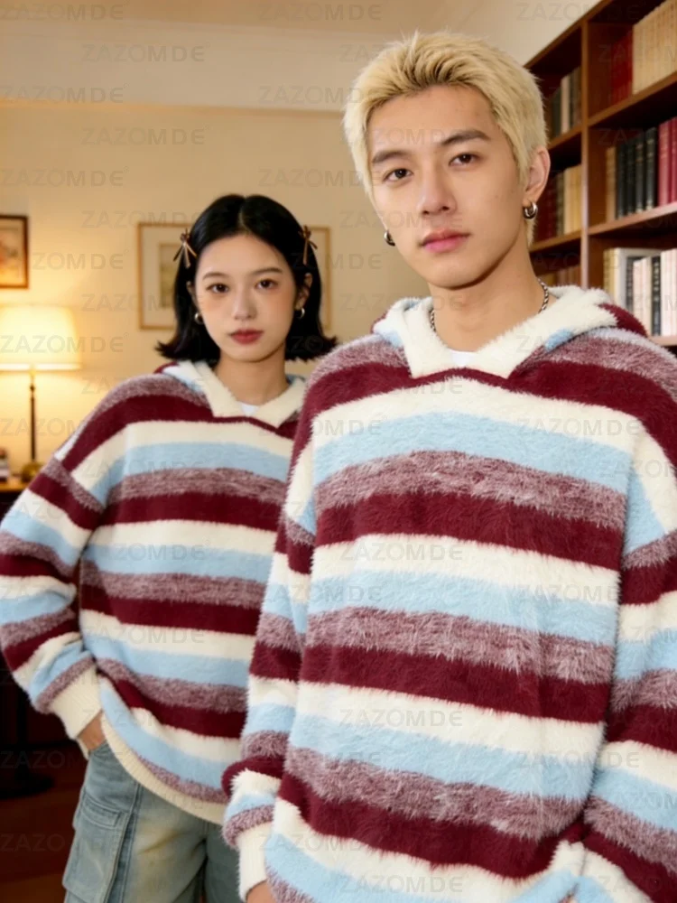 ZAZOMDEUnisex الأحمر مخطط معطف بقلنسوة رجل إمرأة عادية الشارع الشهير متماسكة البلوز مزيج القطن الناعم للأزياء الحضرية اليومية