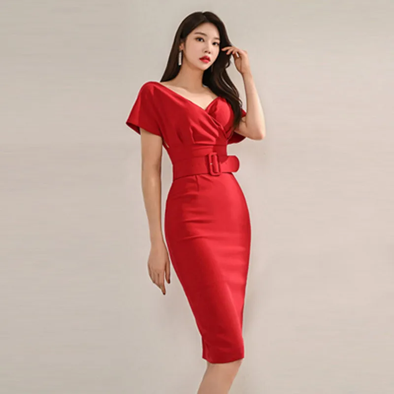 

2024 Spring New Fashion V-Neck Sexy Slim Dresses Women's Bodycon Casual Pencil Dresses Send Belt