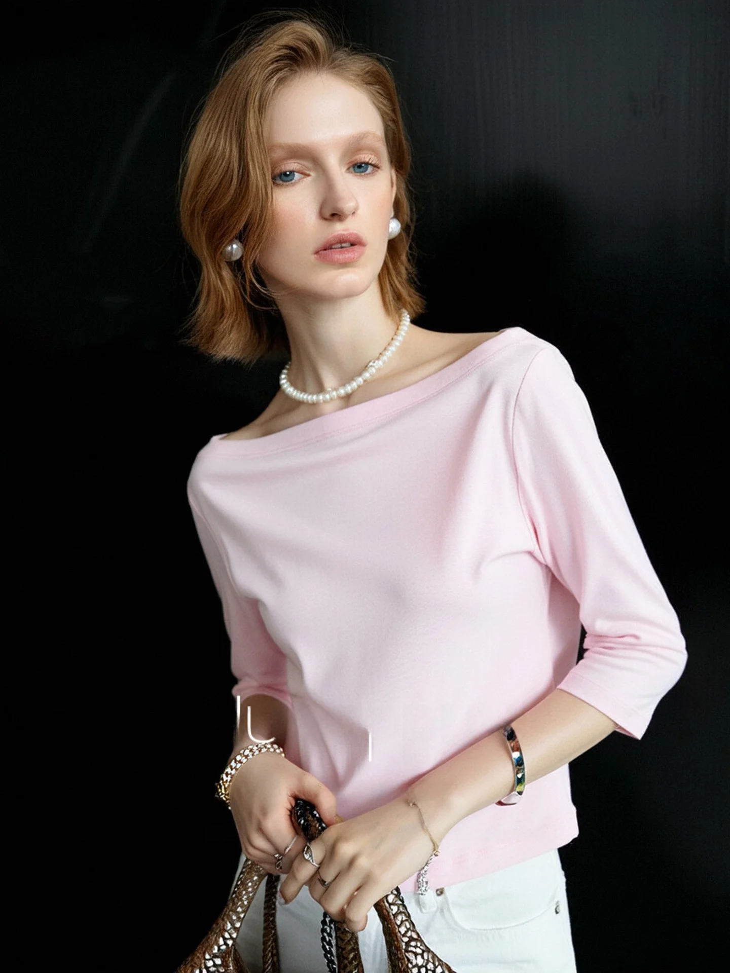 Huaappuw Pink One-Shoulder Slim Fit T-Shirt Commute Design Summer New Style Versatile Top French Style Universal Fit Seven-Sl...
