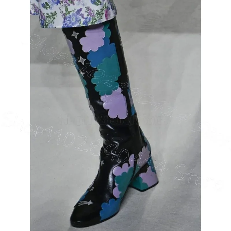 

Colorful Floral Print Matte Leather Runway Boots Back Zipper Women Shoes Chunky High Heels Party Feast 2024 Zapatos Para Mujere