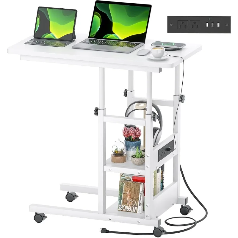 

Height Adjustable C Shaped End Table with Charging Station, Mobile Laptop Side Table with USB Port and Wheels