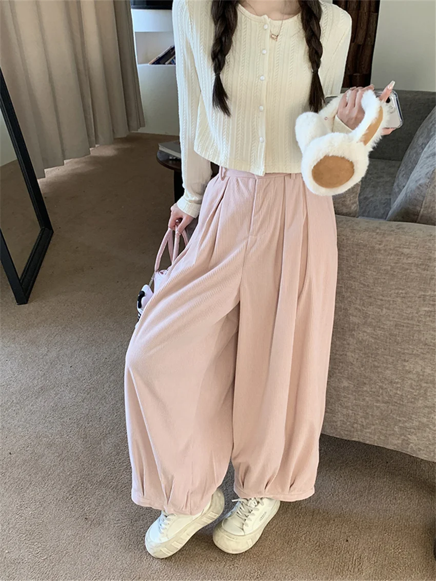 PLAMTEE Pink Solid Spring Trousers Women Loose Daily High Waist 2024 Corduroy Gentle Fashion New Chic Wide Leg Casual Pants