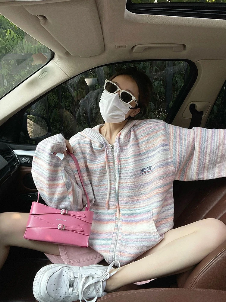loose-casual-knitted-hoodie-women's-autumn-winter-new-style-segment-dyeing-striped-sweatshirt-open-cardigan-outerwear