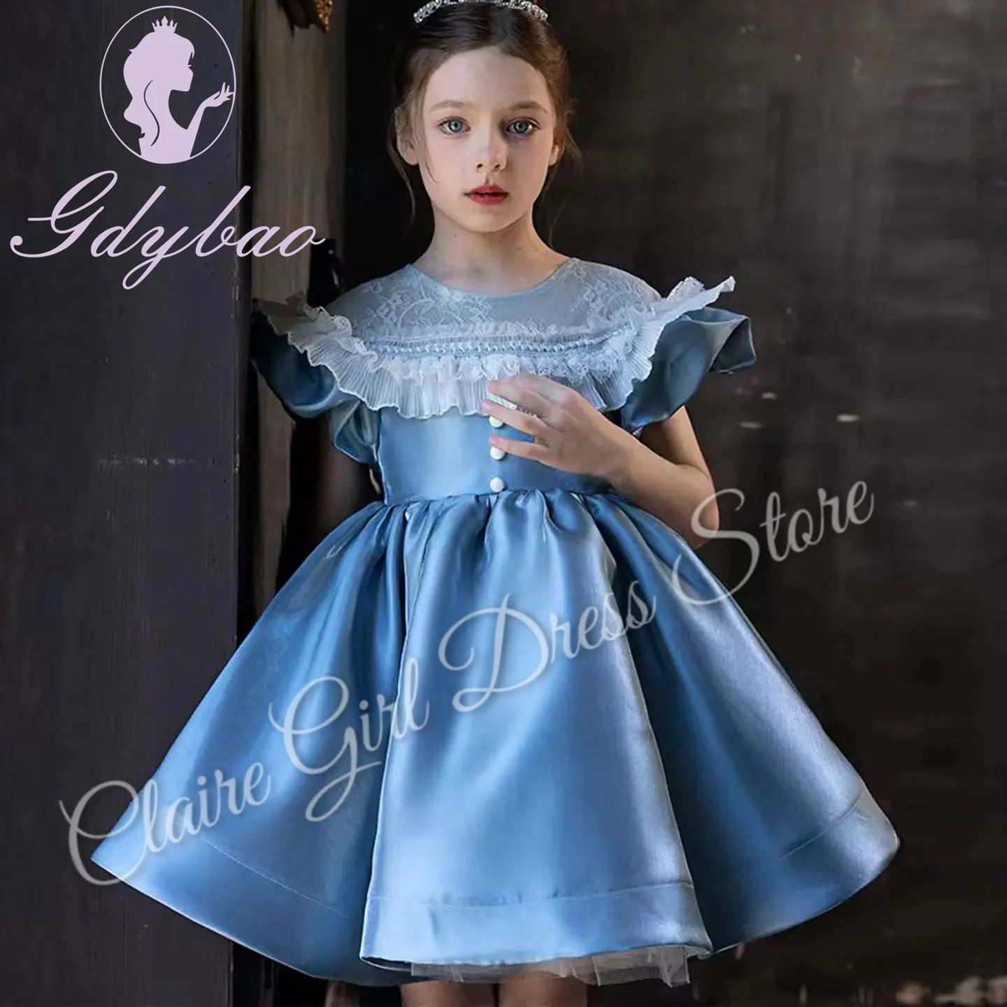 Customized Sky Blue Flower Girl Dresses For Wedding Satin Short Sleeves Elegant Kids Birthday Party First Communion Gown