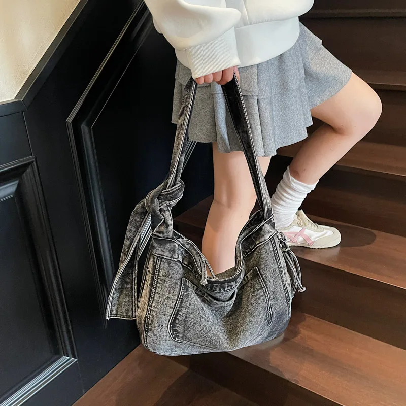 

Black Denim Women's Bag Vintage Shoulder Cross Bag Jeans Messenger Bag Y2K Eco Bag Korean Shopper Cowboy Handbag Tie Knot Pocket