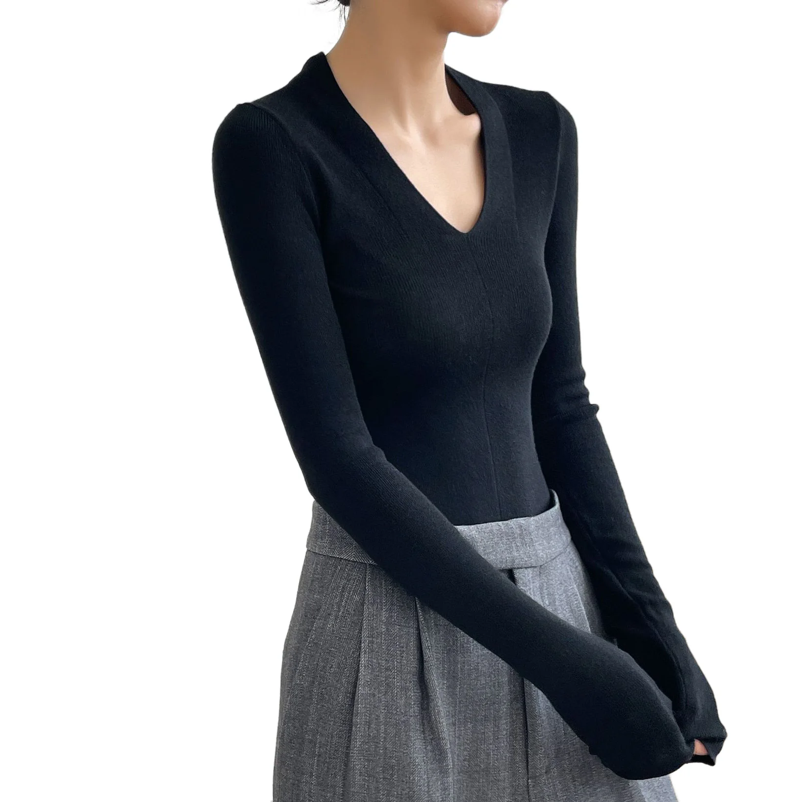 Light Weight Sweater Women V Neck Long Sleeve Knitted Tops S-XL